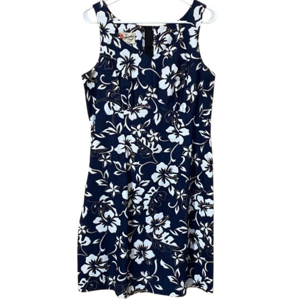 Hilo Hattie Classic Hibiscus Blue Hawaiian Print Dress Medium